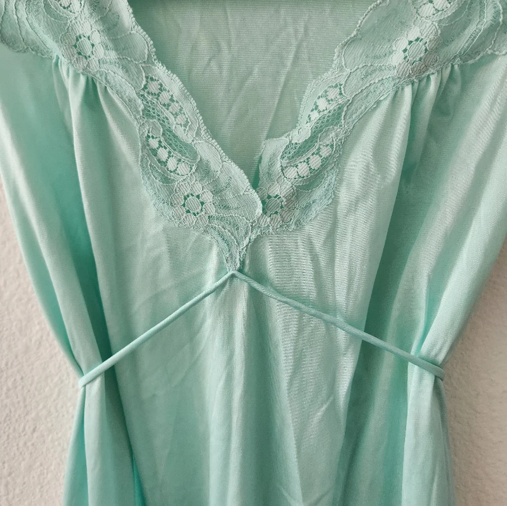 Vintage 90s Light Blue Aqua Lace Trim Long Slip Chemise Dress Made In USA S - Picture 4 of 9